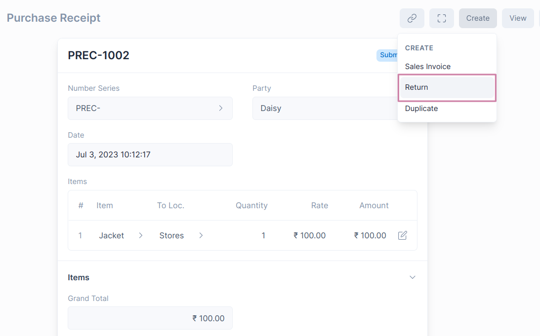 Create Purchase Receipt Return