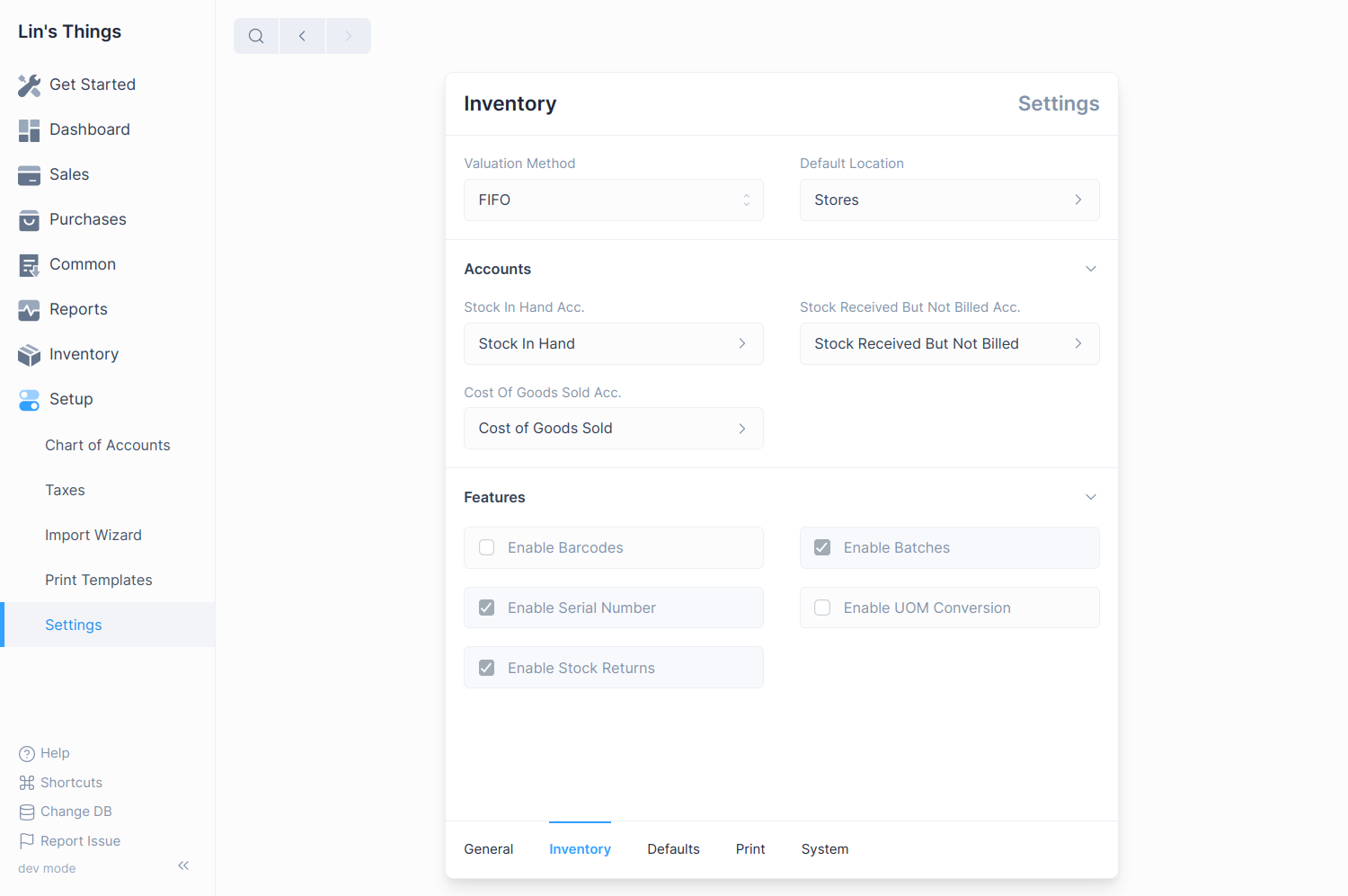 Inventory Settings