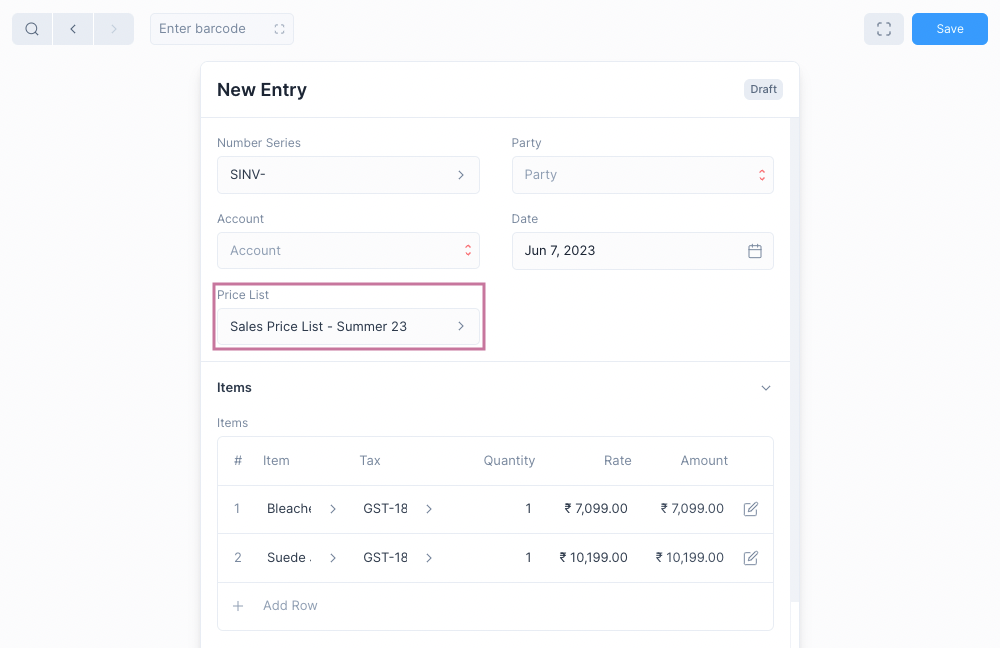 Price List Selection
