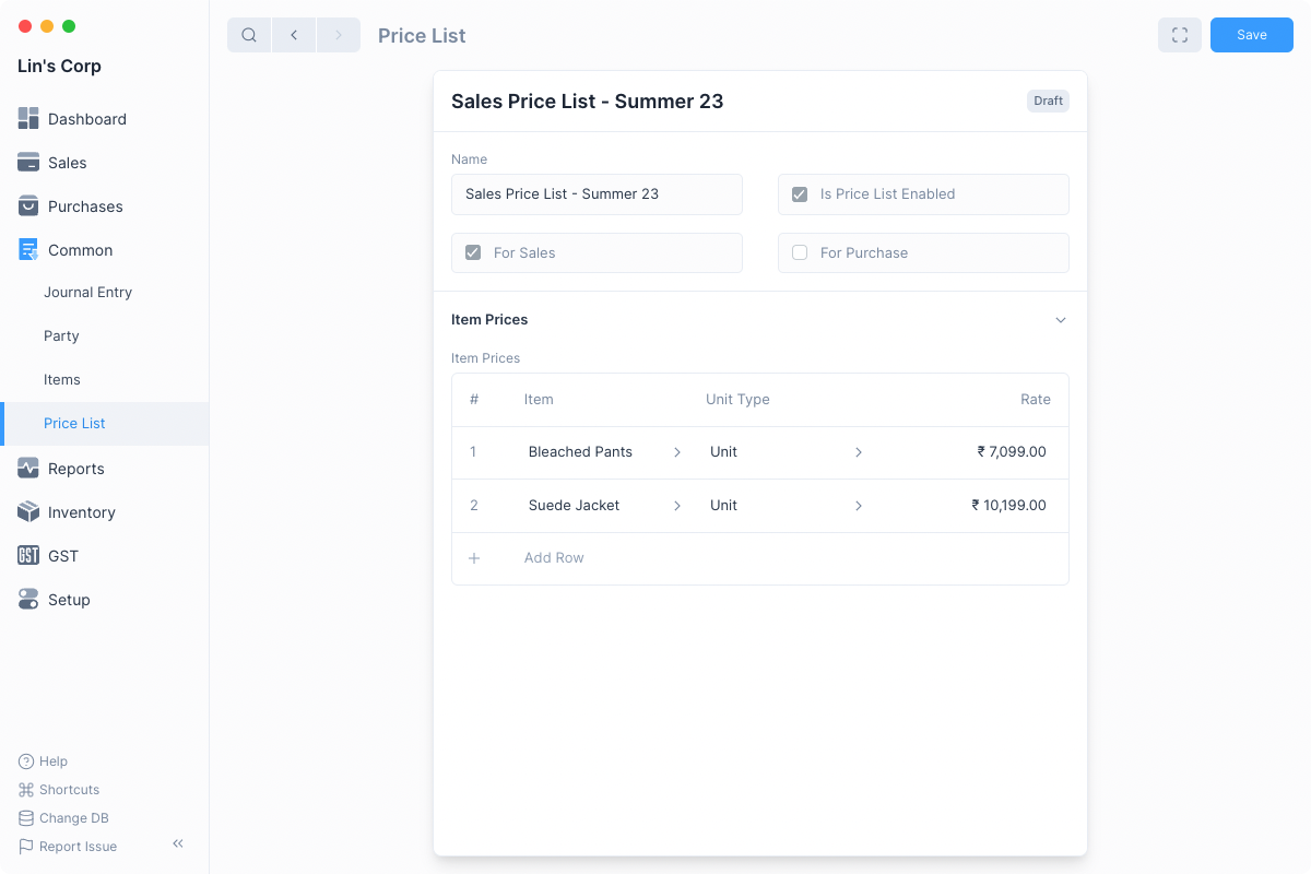 Price List Form