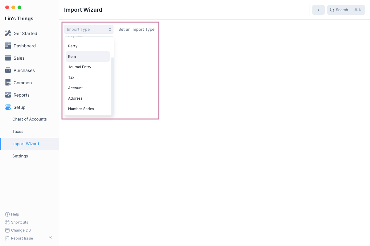 Select Import Type